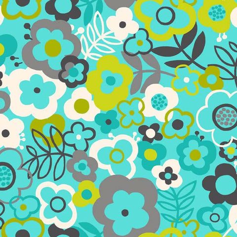Makower Lime Twist 1413/T Large Floral Turquoise